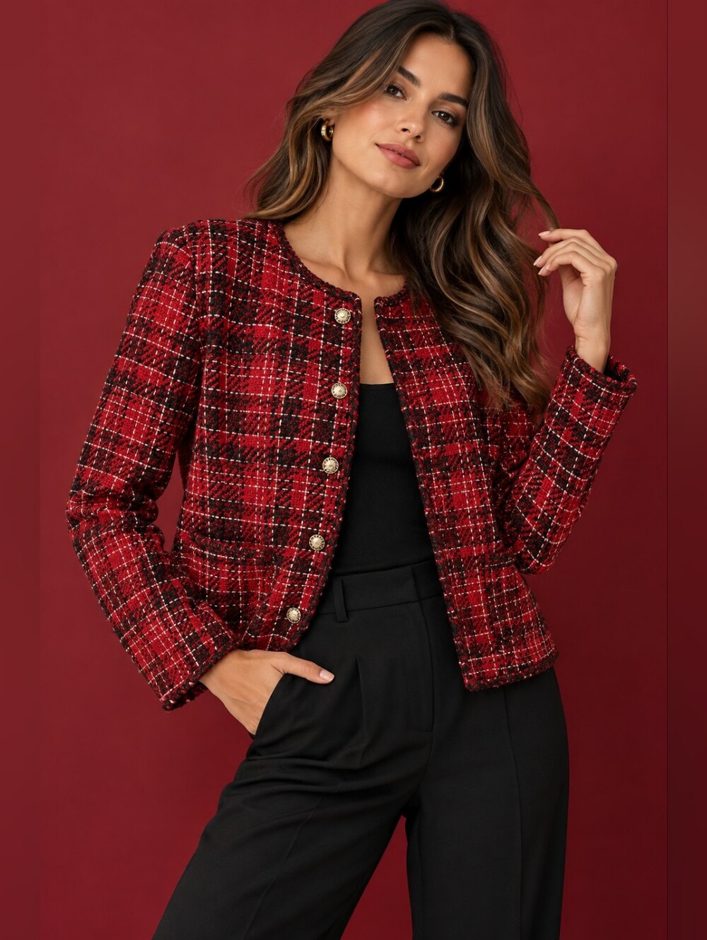 ADRIANNA PAPELL New Red/Black Crew Neck Lined Tweed‎ Jacket AD1S301855 Size M